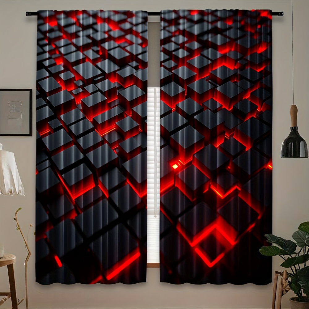 Office Tech Room - 2 Pezzi Tende Geometriche Rosso Nero